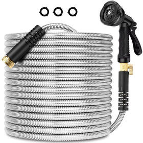 BOANKODU stainless steel garden hose 25ft wrap demonstrates tangle-free storage and simple coil management.