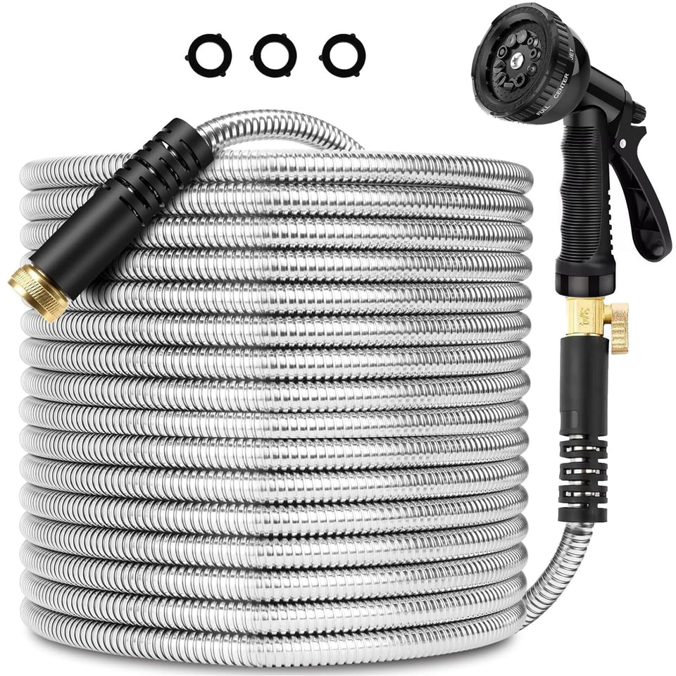 BOANKODU stainless steel garden hose 25ft wrap demonstrates tangle-free storage and simple coil management.