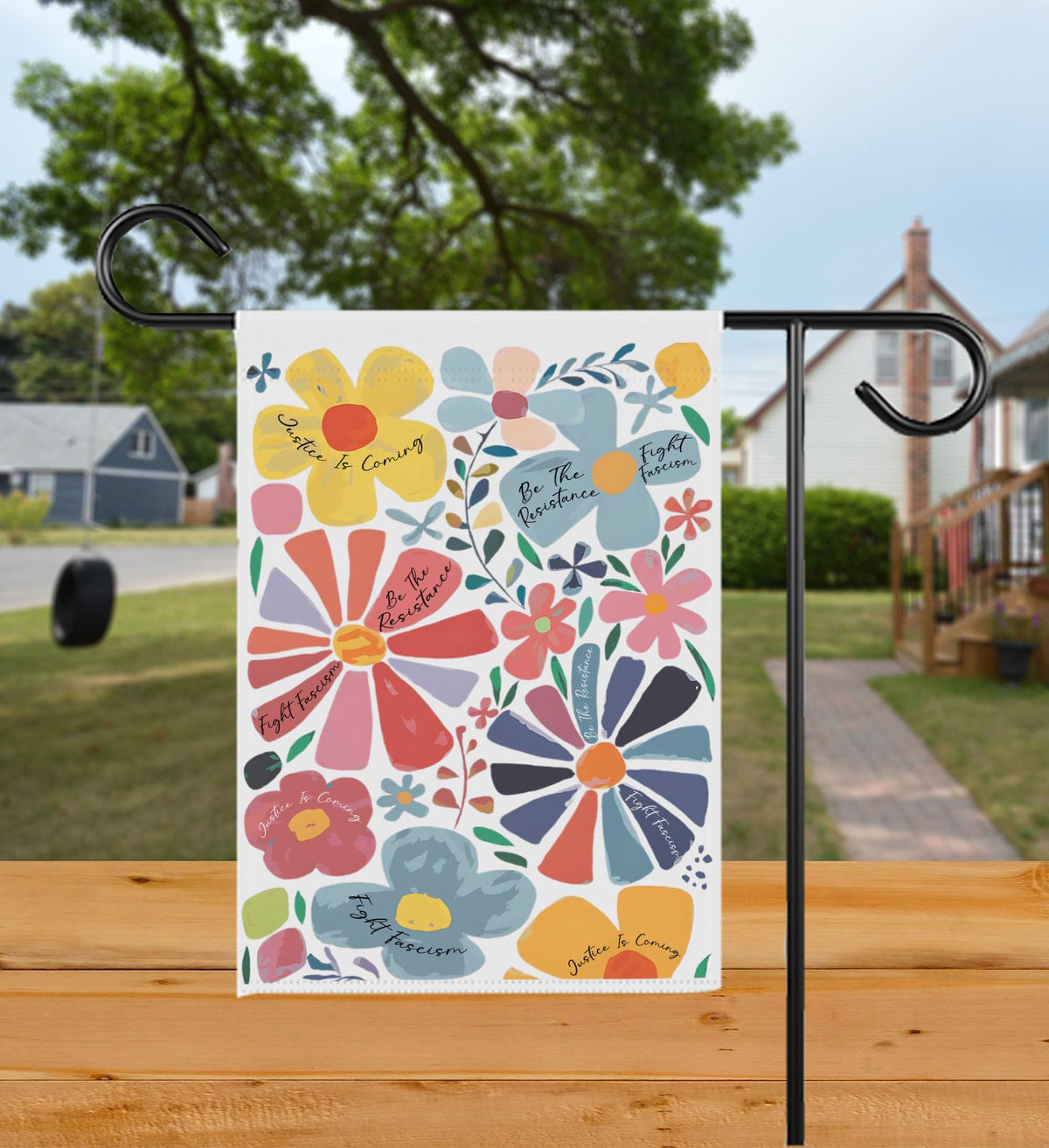 Bob22store Subtle Resistance boho flower garden flag closeup showing vibrant colors and fabric texture
