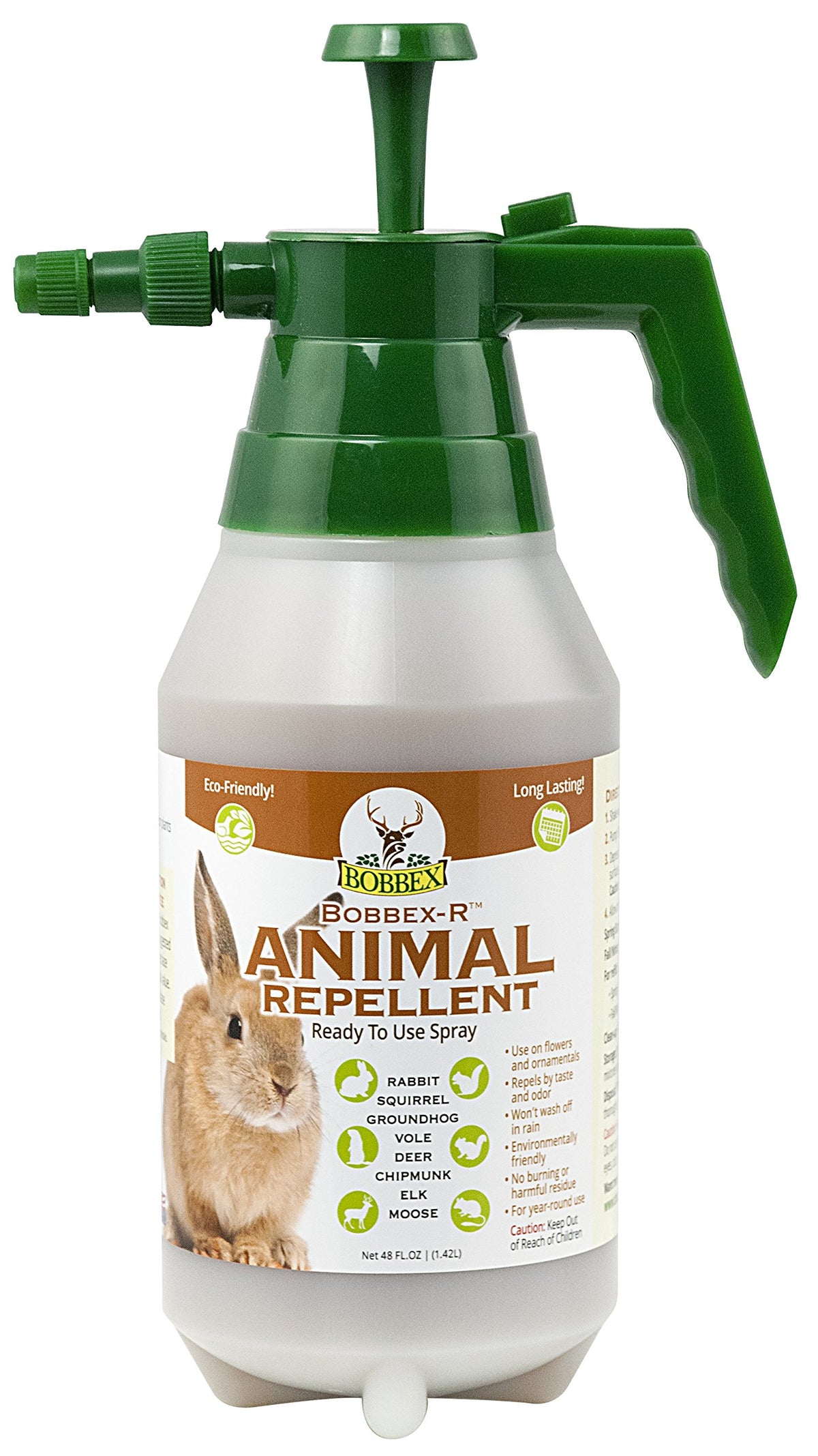 Bobbex Animal Repellent EZ-pump outdoor spray deters rabbits and squirrels in yards.