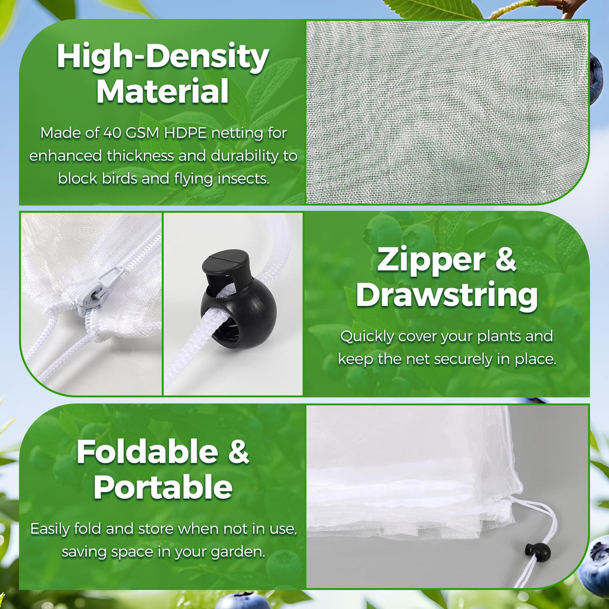 Breathable mesh of BobbleT netting lets light and rain through while blocking pests