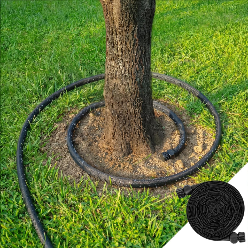BobbleT flat soaker hose laid along a garden bed for precise root watering