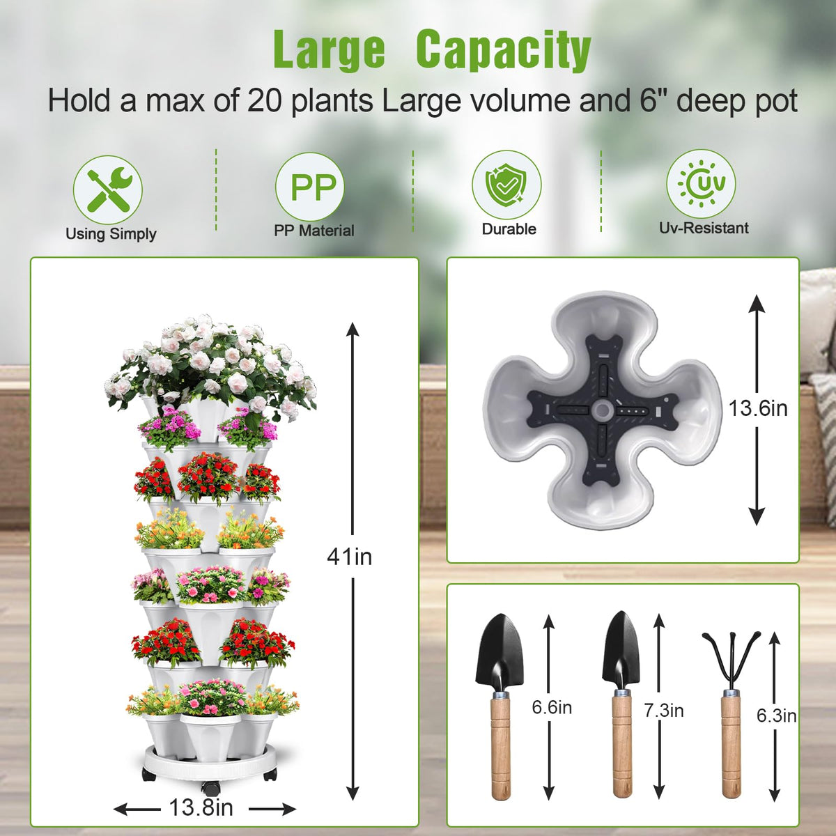 Bociks stackable planter with wheels enables easy mobility around patios.