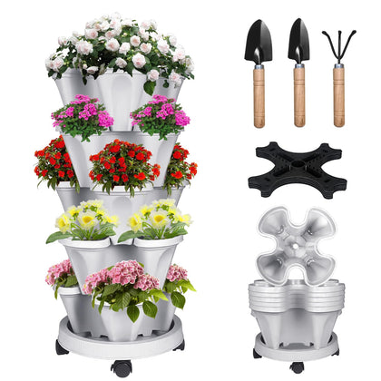 Bociks vertical strawberry planter 5-tier stackable tower shows compact herbs in urban garden