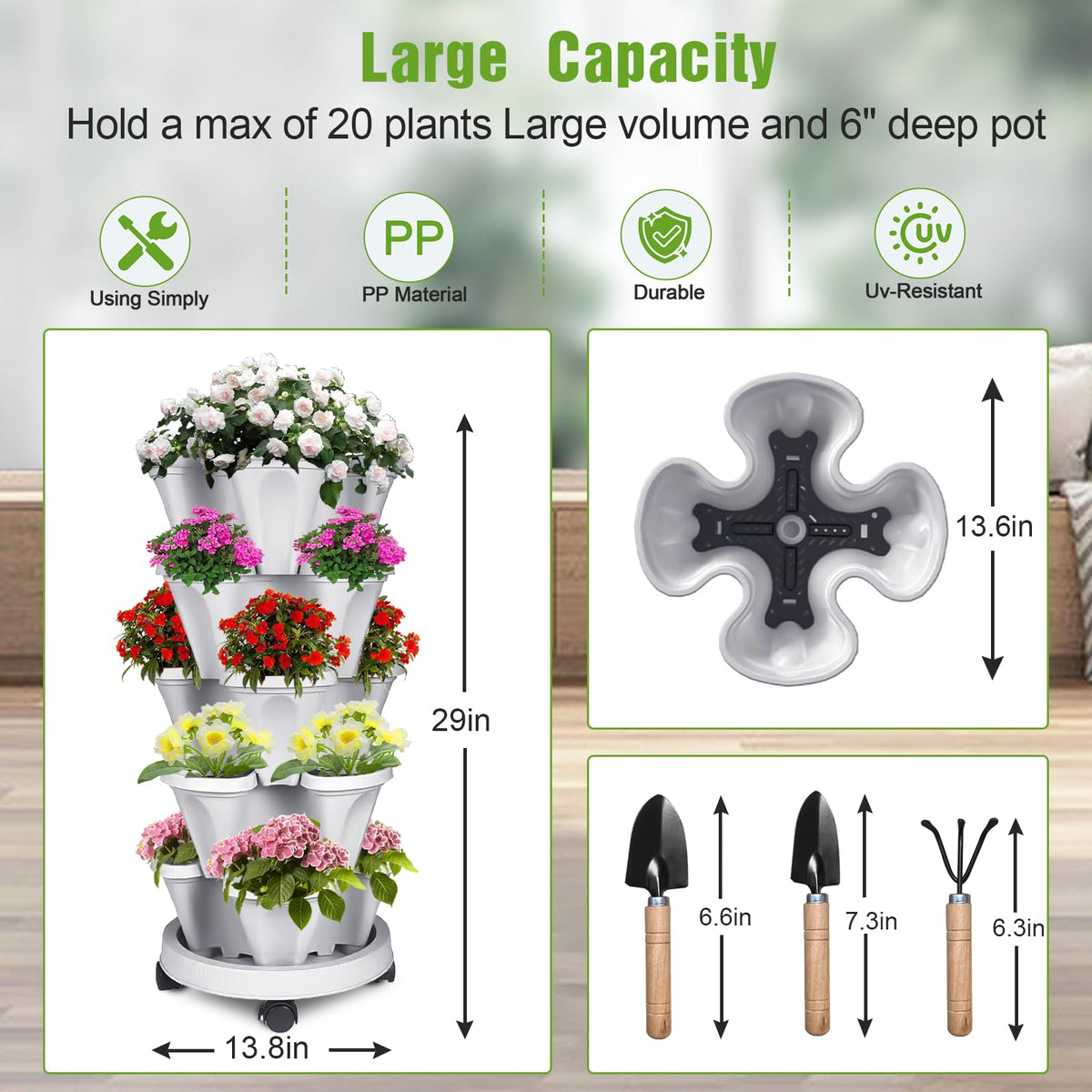 Bociks planter drainage system with holes for moisture control