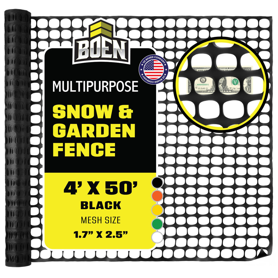 Boen 4ft 100ft black mesh fence unrolled in yard for quick perimeter protection