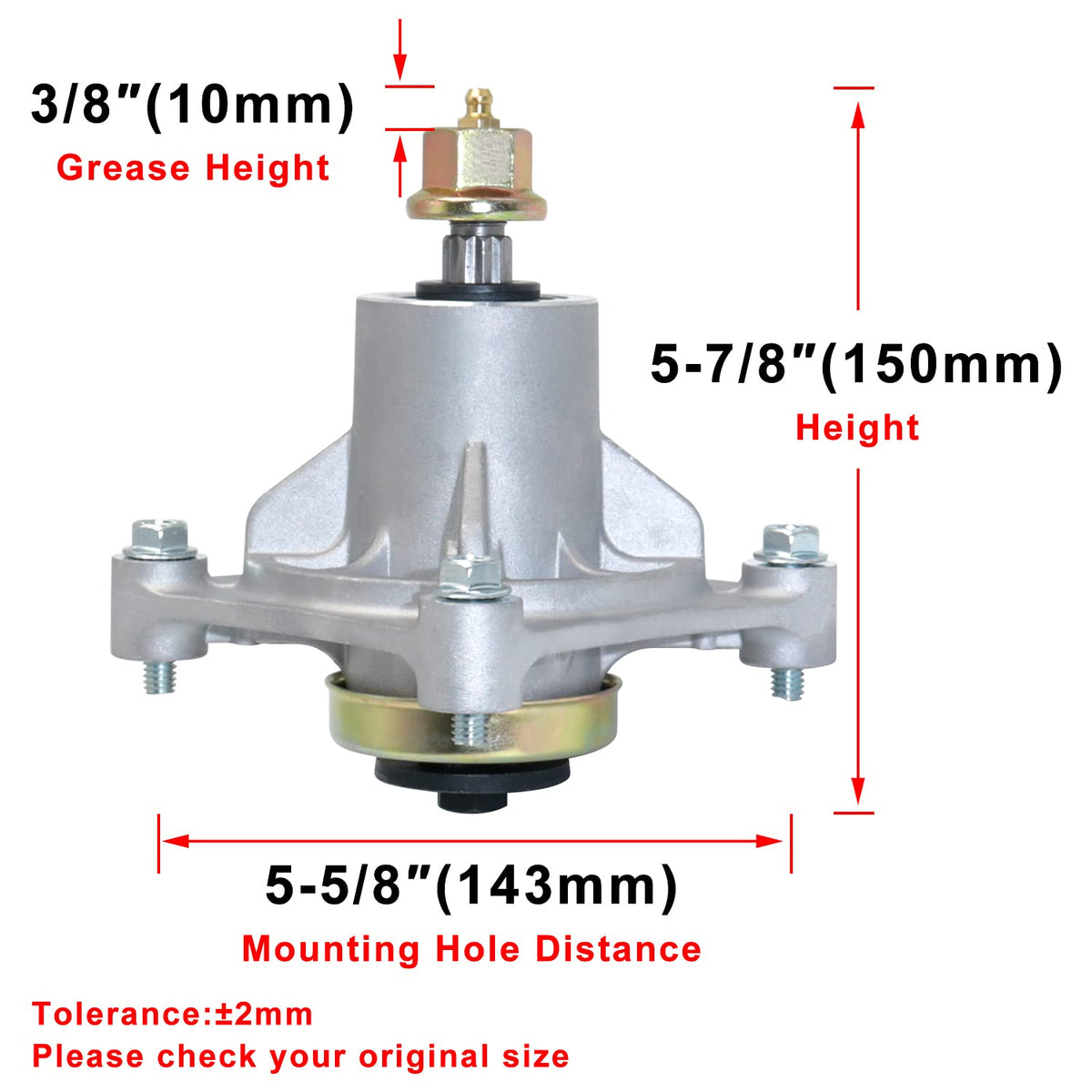 Boeray spindle kit includes screws and dust cover for installation.