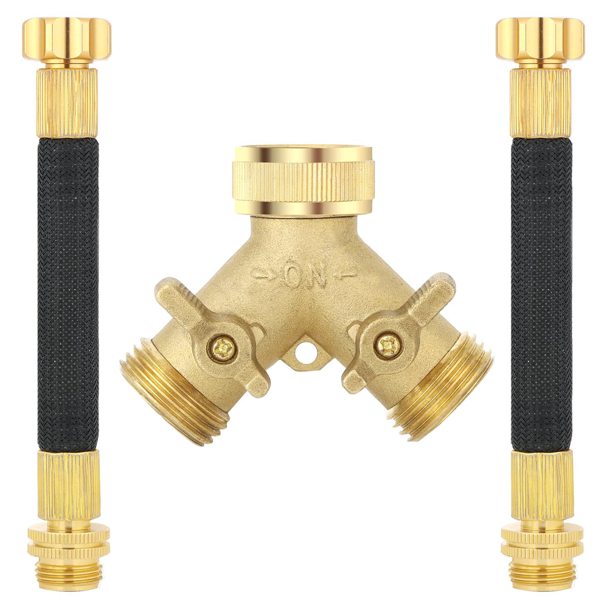 Boersite 2-way brass hose splitter showing dual outlets for simultaneous watering.