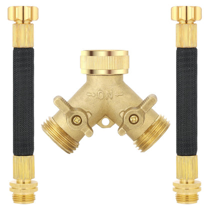 Boersite 2-way brass hose splitter showing dual outlets for simultaneous watering.