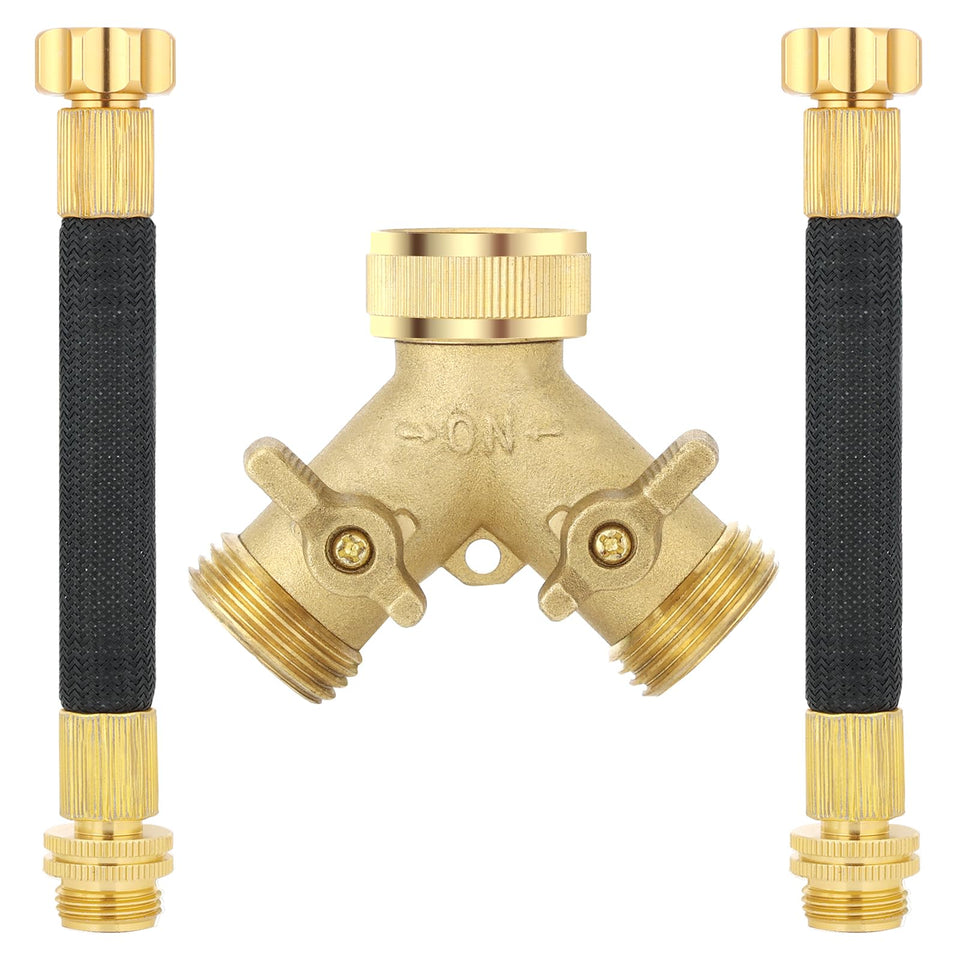 Boersite 2-way brass hose splitter showing dual outlets for simultaneous watering.
