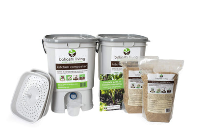 Bokashi Living premium starter kit with two bins for continuous home composting.