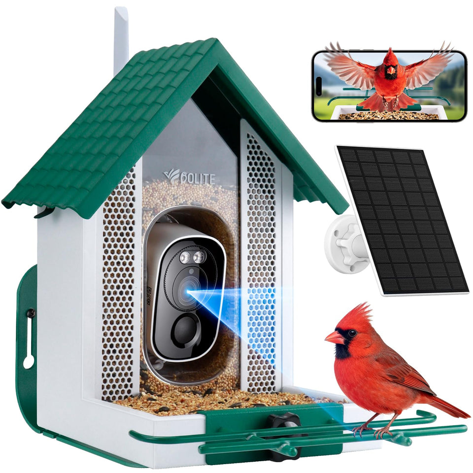 BOLITE Smart Bird Feeder with 2.5K wide-angle view capturing birds at the feeder.