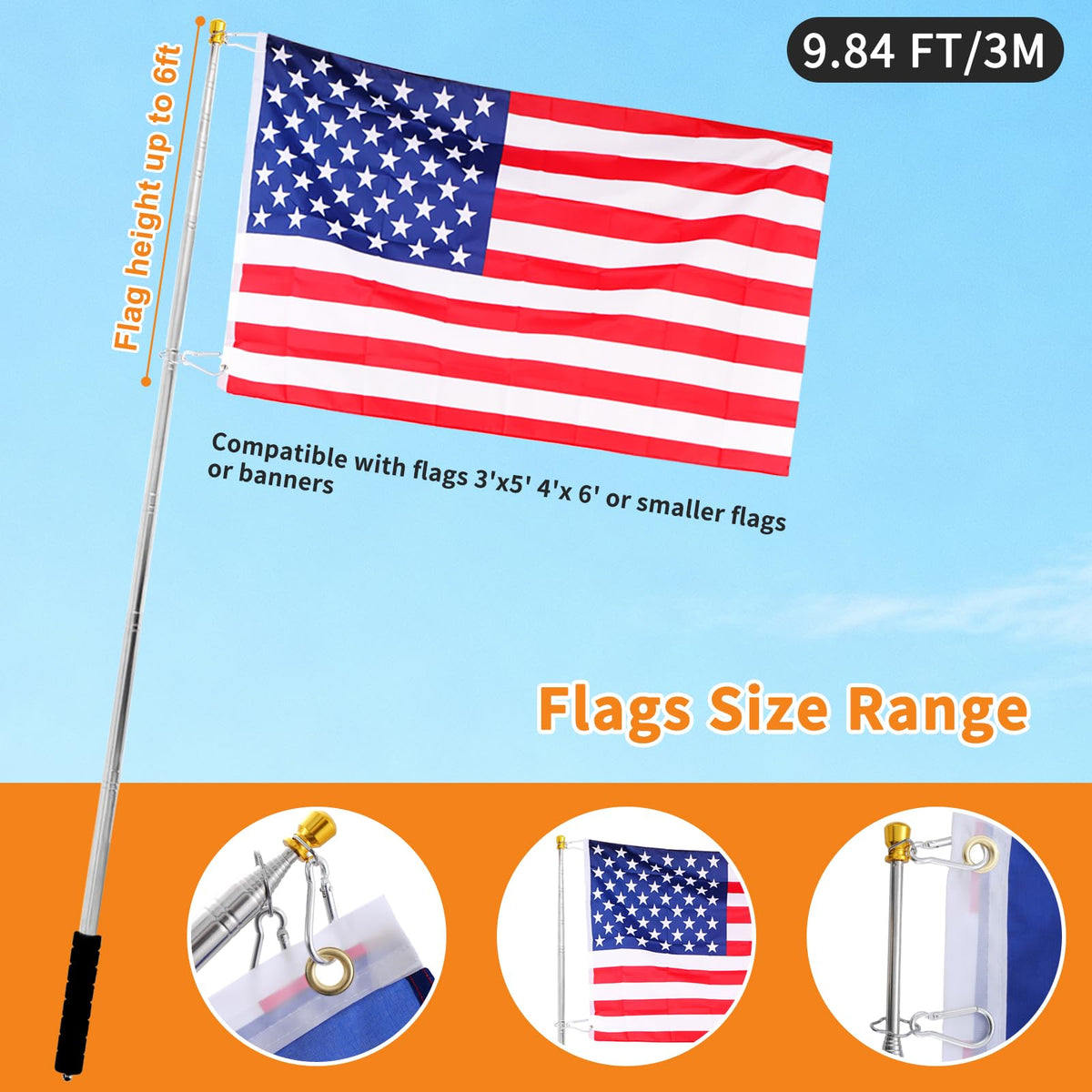 Boliyoooki flag pole soft sponge grip offers comfortable, non-slip handling.