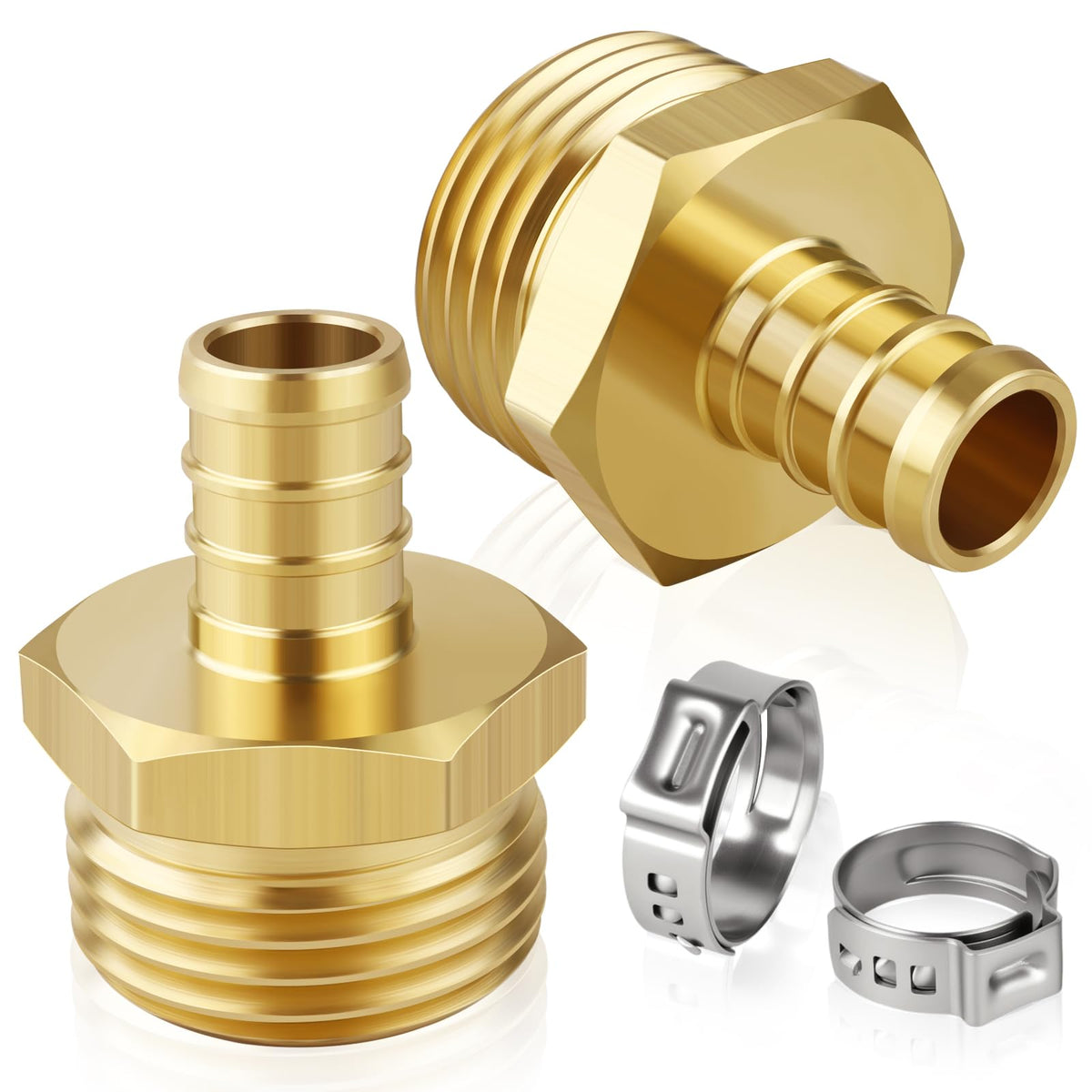 Boltigen brass garden hose adapter with 1/2-inch barb for sturdy, leak-free connections.