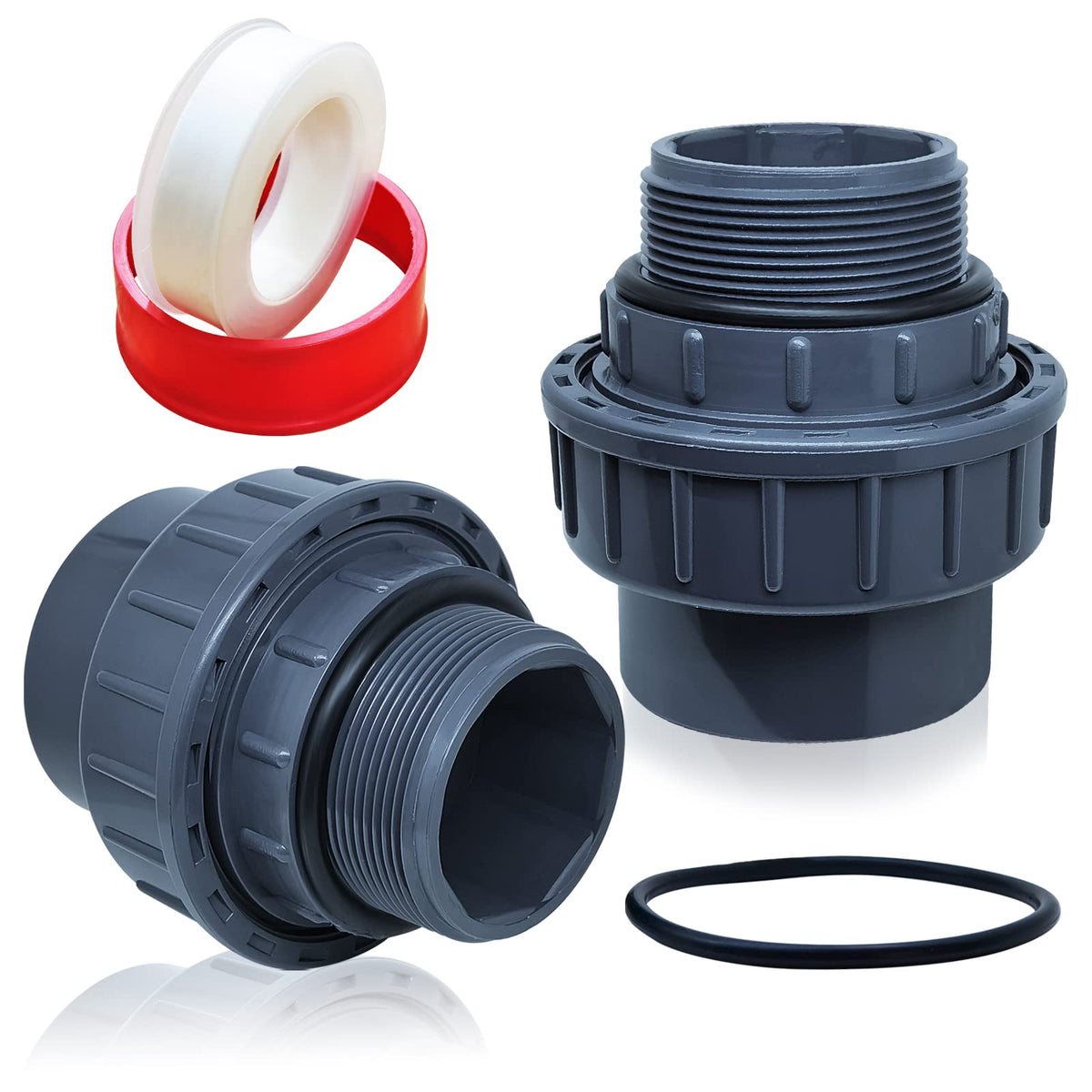 Boltigen PVC pool pump fitting showing 1-1/2 in NPT male thread for secure connections.