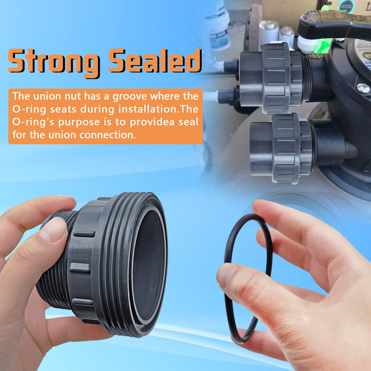 Boltigen PVC pool pump fitting assembly ready for easy maintenance.