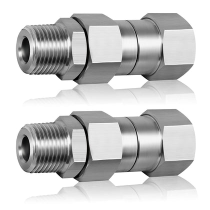 Boltigen swivel fitting with 360-degree rotation for kink-free hose operation.