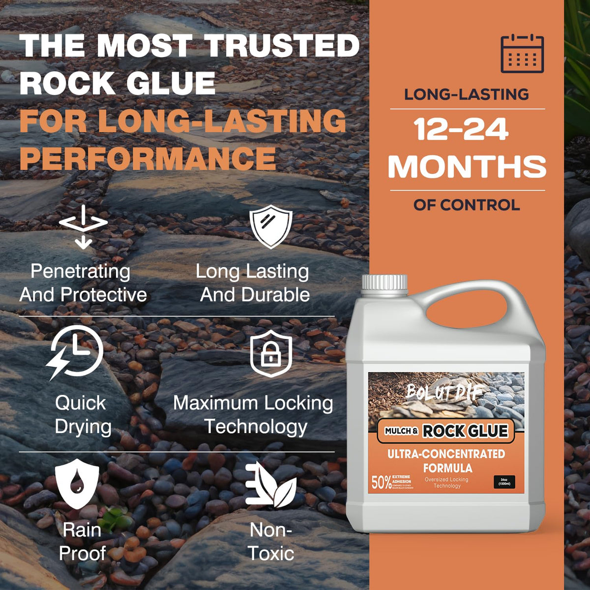 Bolutdif mulch glue quick-dry timer highlights fast drying performance for outdoor use.