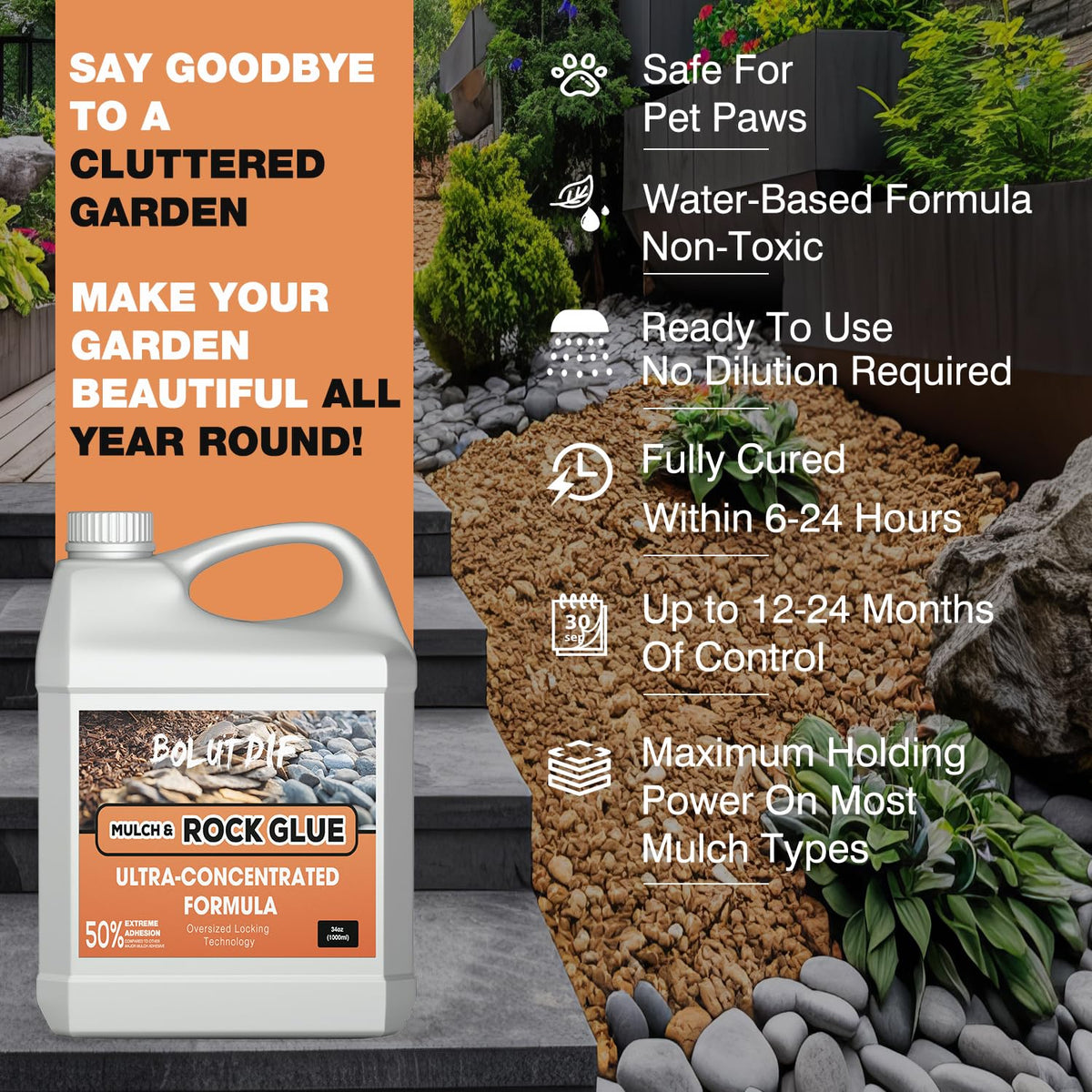Bolutdif mulch glue safety label emphasizes non-toxic, child- and pet-friendly formulation.