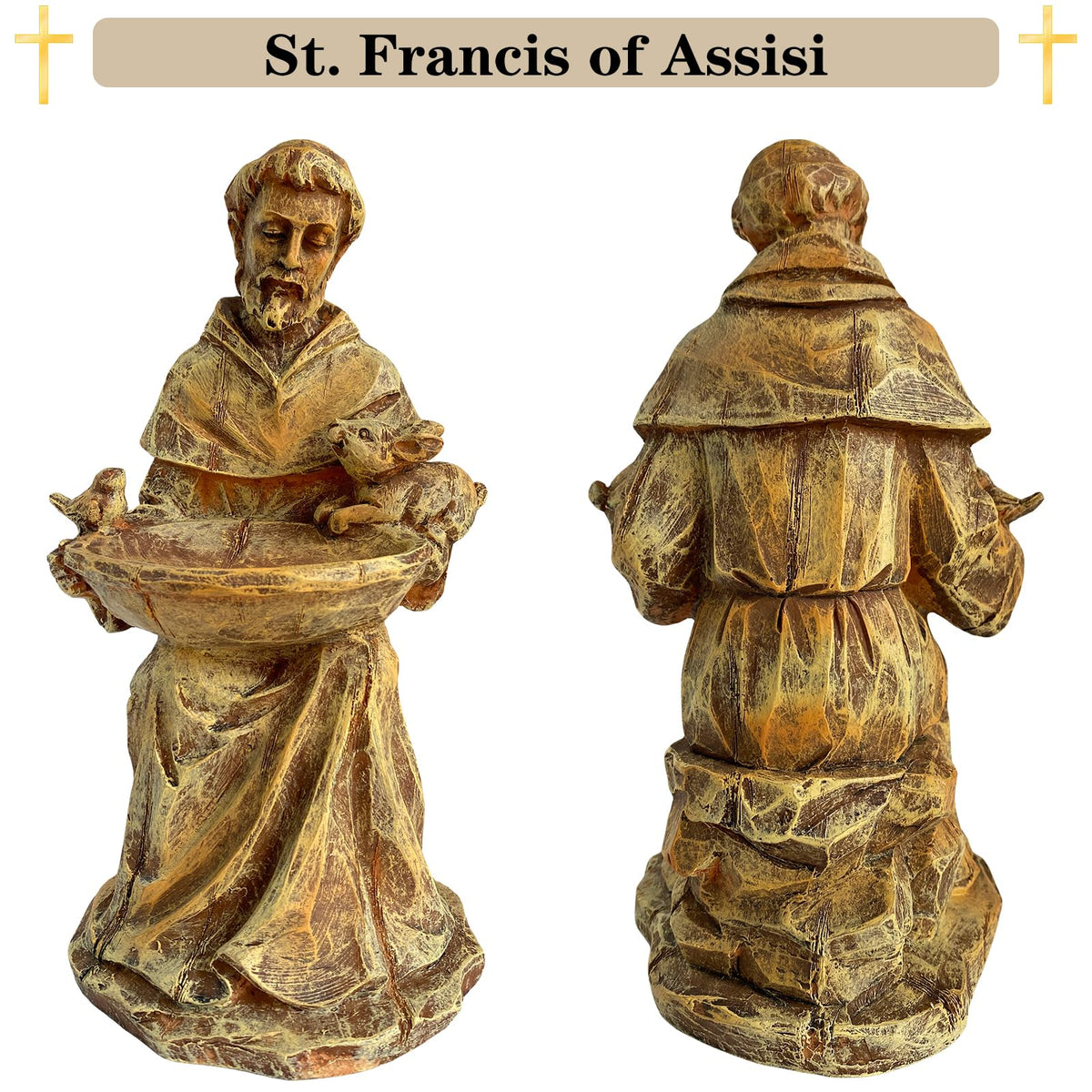 Bolvoud St. Francis statue on patio display creates outdoor serenity.