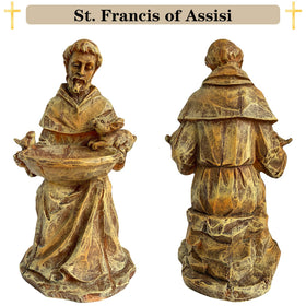 Bolvoud St. Francis statue on patio display creates outdoor serenity.