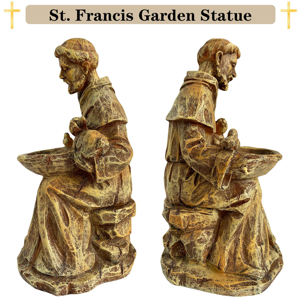 Bolvoud St. Francis statue seed-bowl closeup highlighting feeding feature.