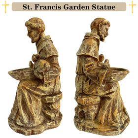 Bolvoud St. Francis statue seed-bowl closeup highlighting feeding feature.