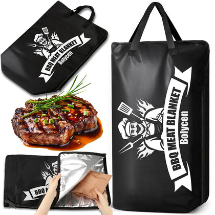 Bolycen BBQ blanket resting bag open for easy meat transfer and heat retention.