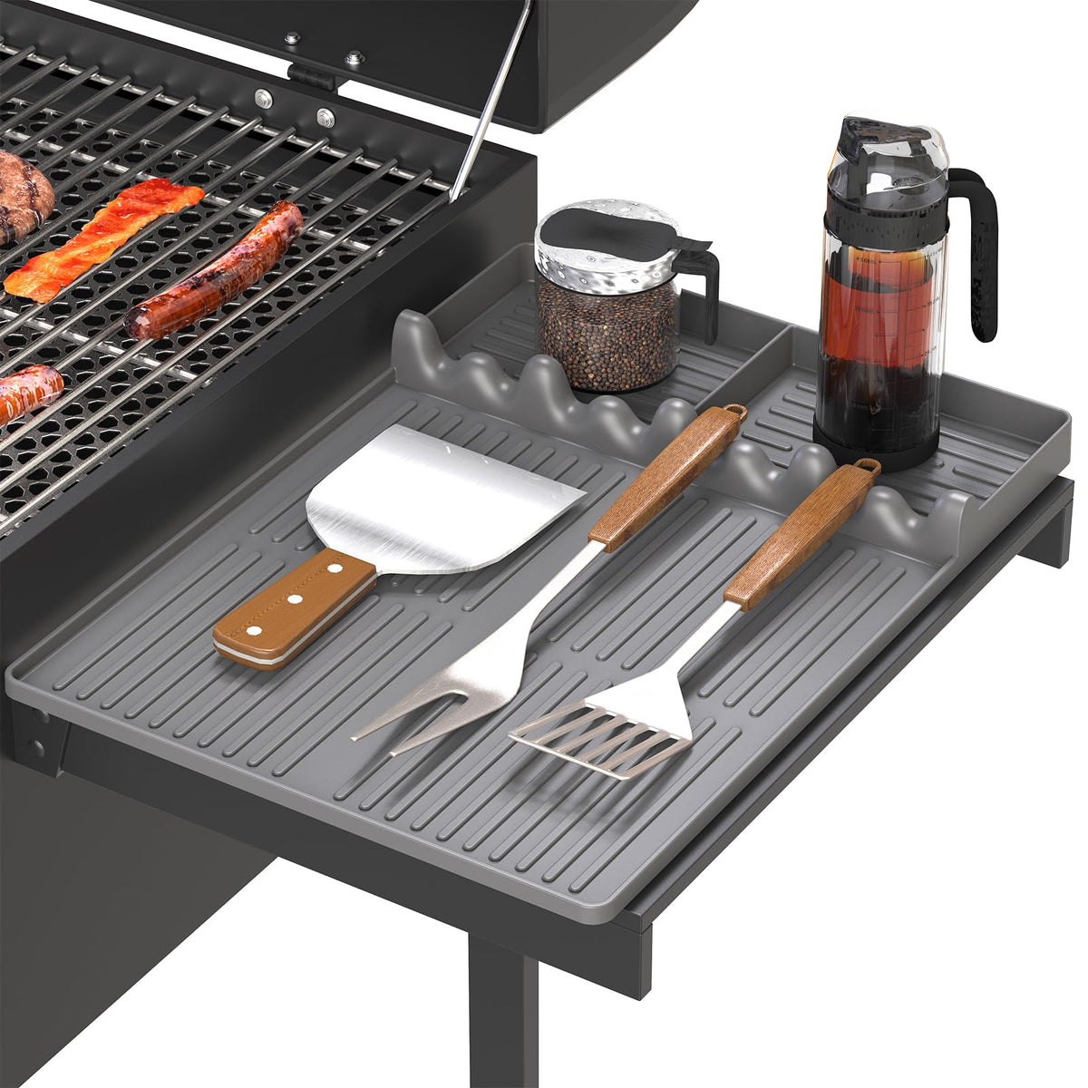 Bolycen Griddle Mat with eight utensil slots keeps tools organized near the grill.