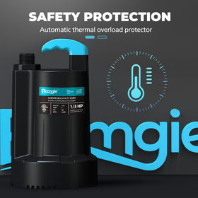 BOMGIE 2250 GPH drain capacity highlights high flow for large-area water removal.