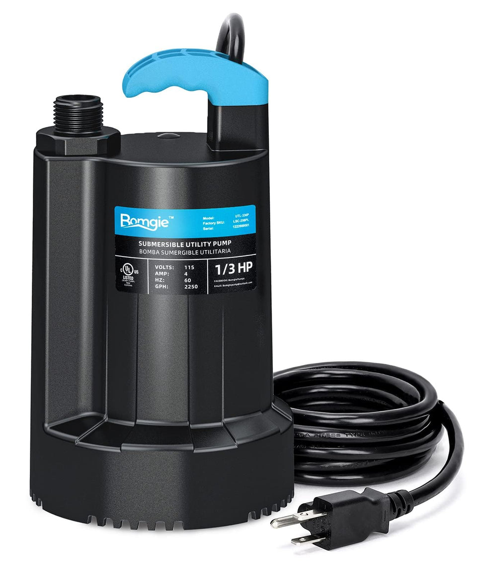 BOMGIE One-third HP submersible pump showcasing compact, portable design for rapid drainage.