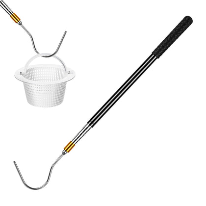Bomis pool skimmer basket hook on extendable pole for deep reach