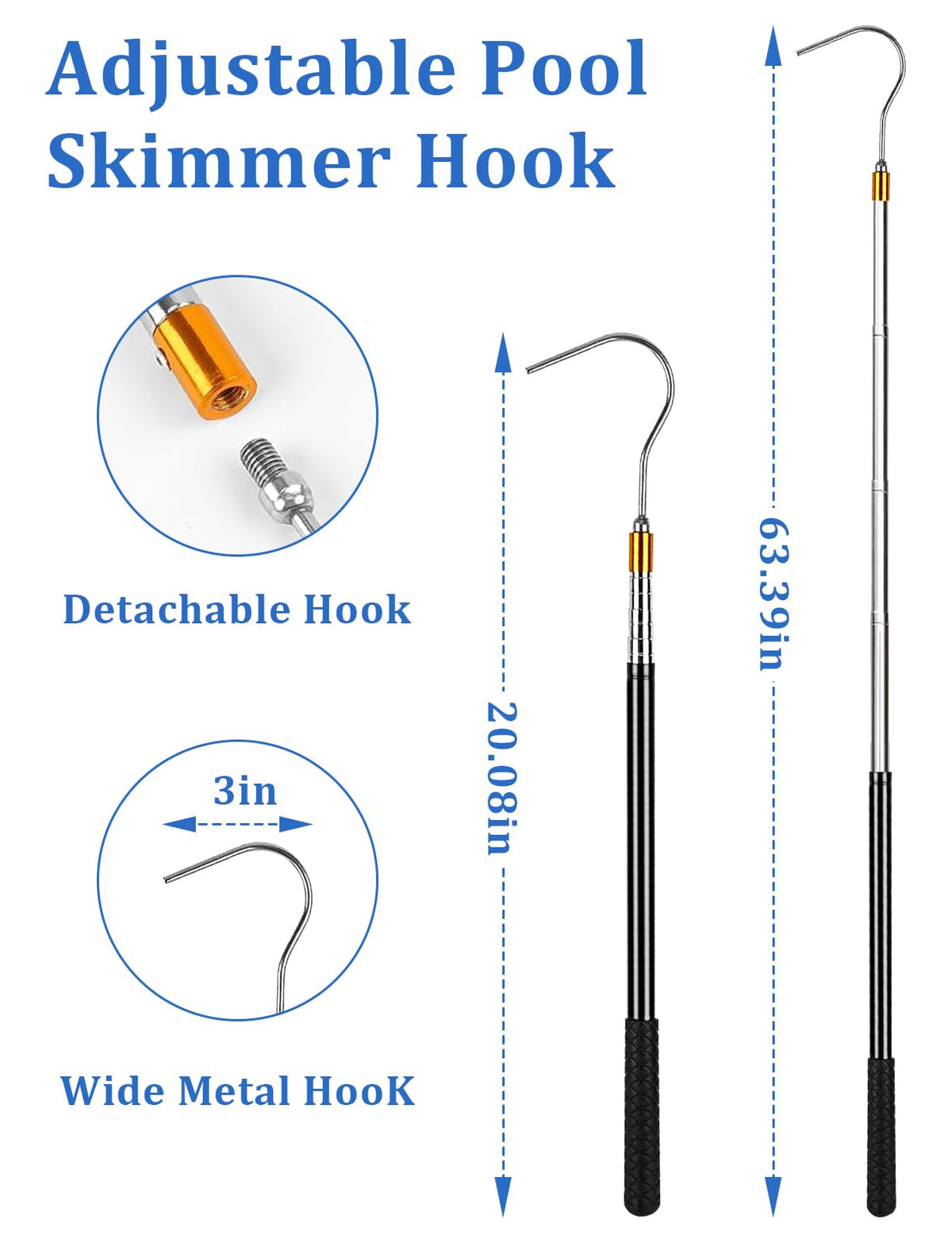 Bomis extendable pool skimmer pole reached to 63 inches for distant baskets
