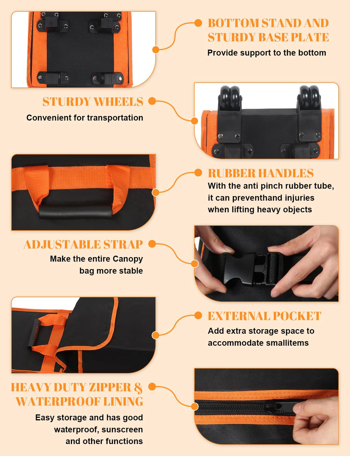 Bomis tent bag features a rubber handle for secure pulling and grip.