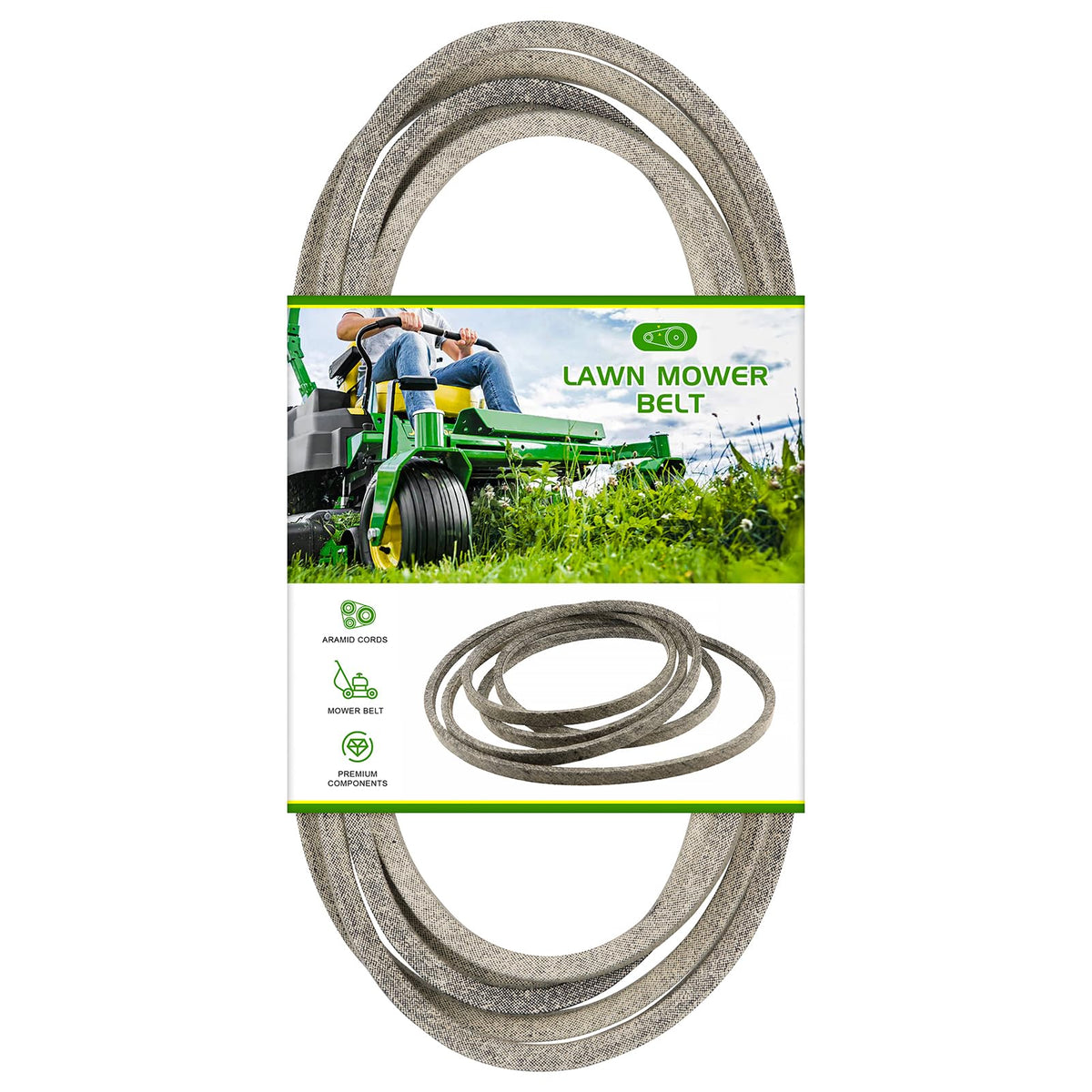 Bomusou aramid-cord deck belt closeup highlighting wear resistance for longer mower life.