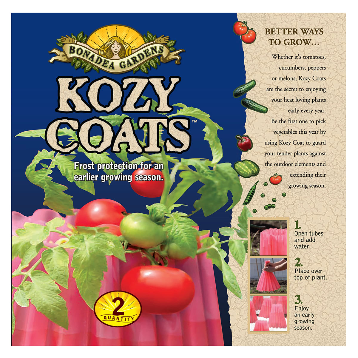 Bonadea Gardens Kozy-Coats teepee setup protects seedlings for earlier harvest.