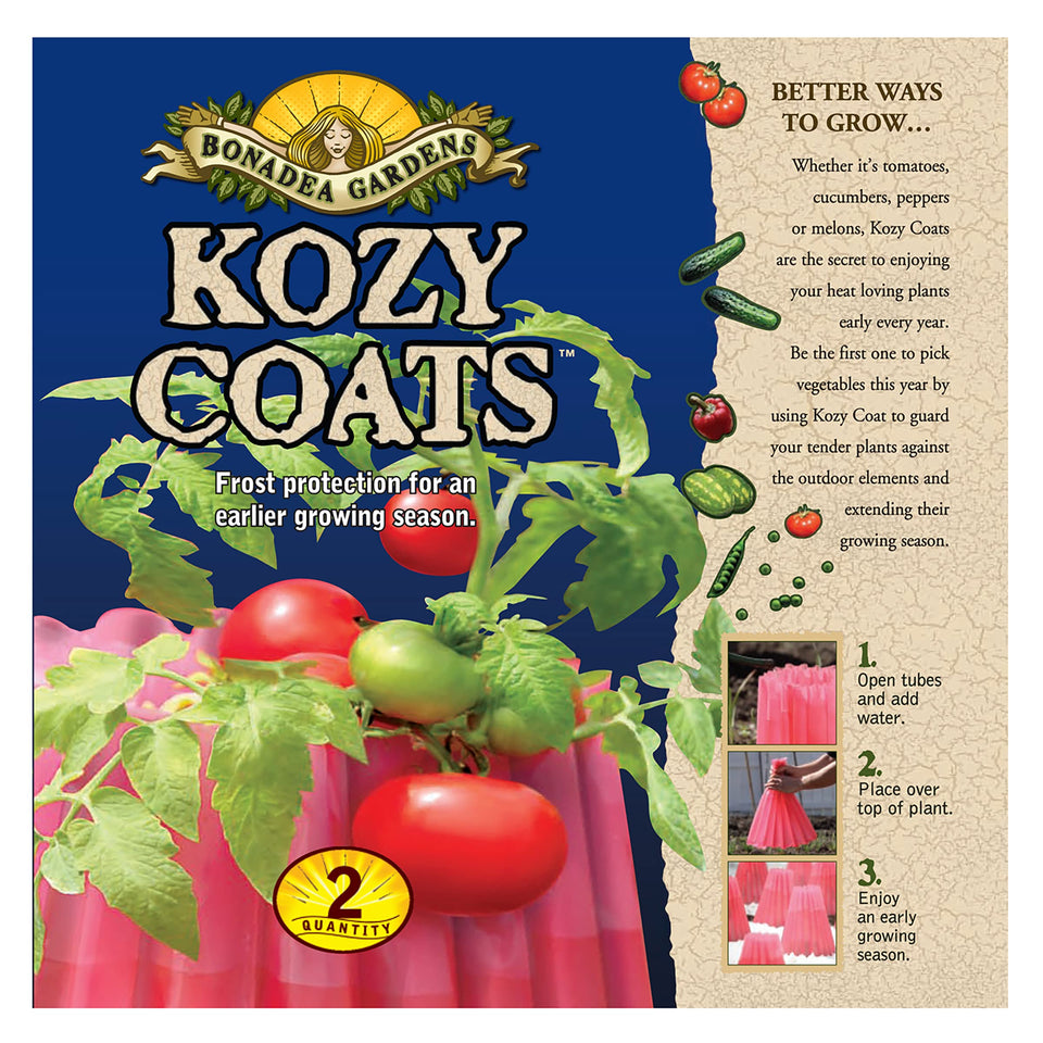 Bonadea Gardens Kozy-Coats teepee setup protects seedlings for earlier harvest.