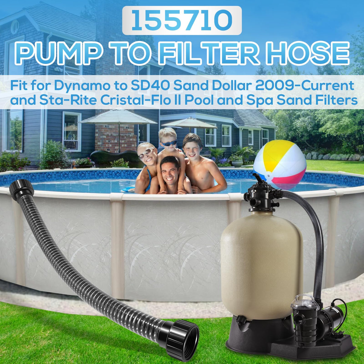 Bonbo dynamo SD40-compatible hose shows simple installation between pump and filter.