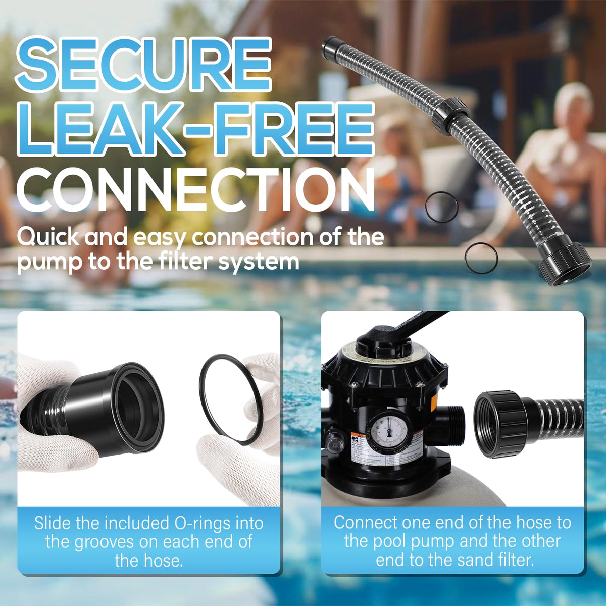 Bonbo pool hose assembly with connectors enables leak-free setup.