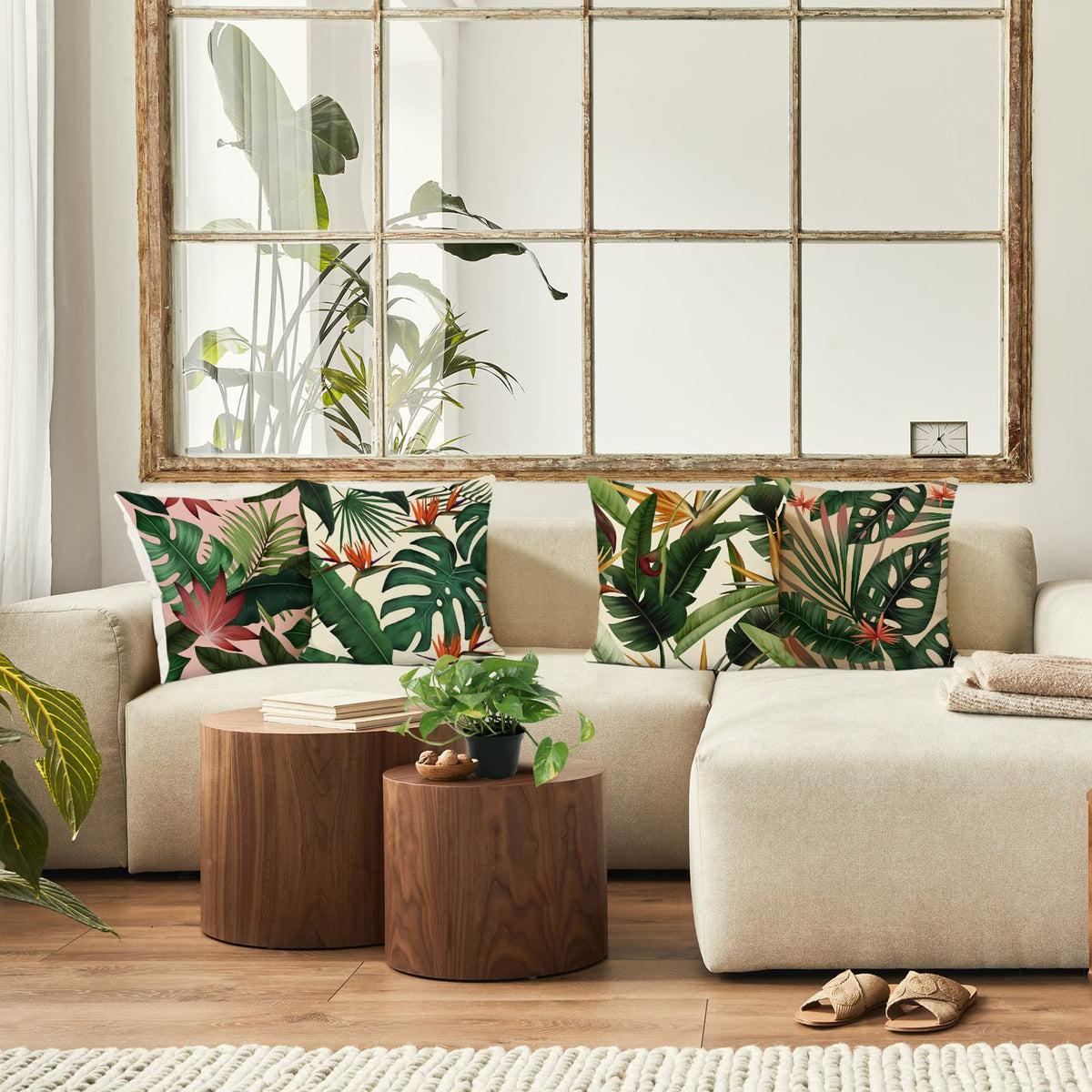 Bonhause tropical leaves cushion cover for patio decor and summer vibes.