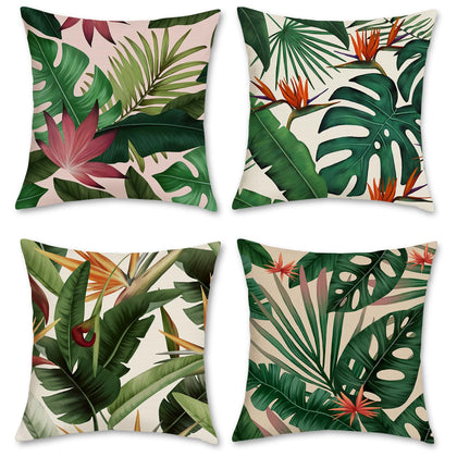 Bonhause tropical leaves pillow cover with palm leaf pattern, ideal for sofa styling.