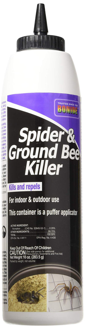 Bonide 363 Spider and Ground Bee Killer bottle with puffer applicator for targeted indoor use.