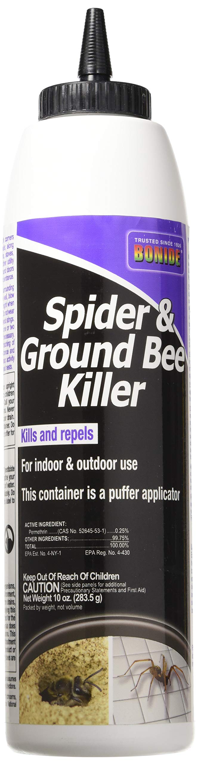 Bonide 363 Spider and Ground Bee Killer bottle with puffer applicator for targeted indoor use.