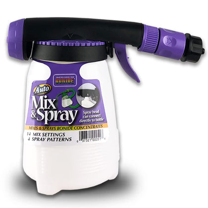 Bonide Auto Mix & Spray hose end sprayer attached to a hose for easy dilution.