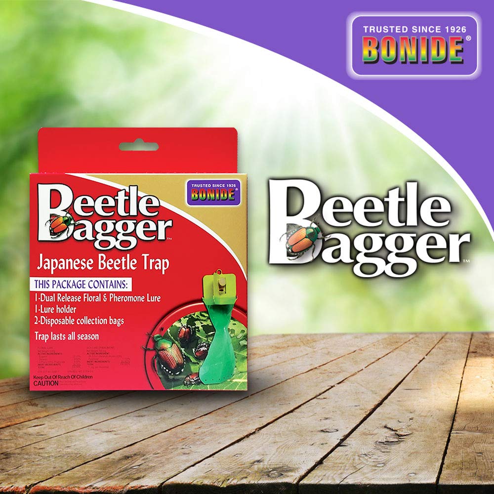 Bonide Beetle Bagger dual lure showing floral and pheromone attractants for beetle capture.