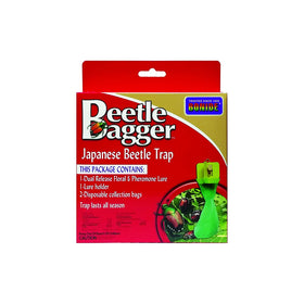 Bonide Beetle Bagger trap with dual lure attracting Japanese beetles in outdoor gardens.