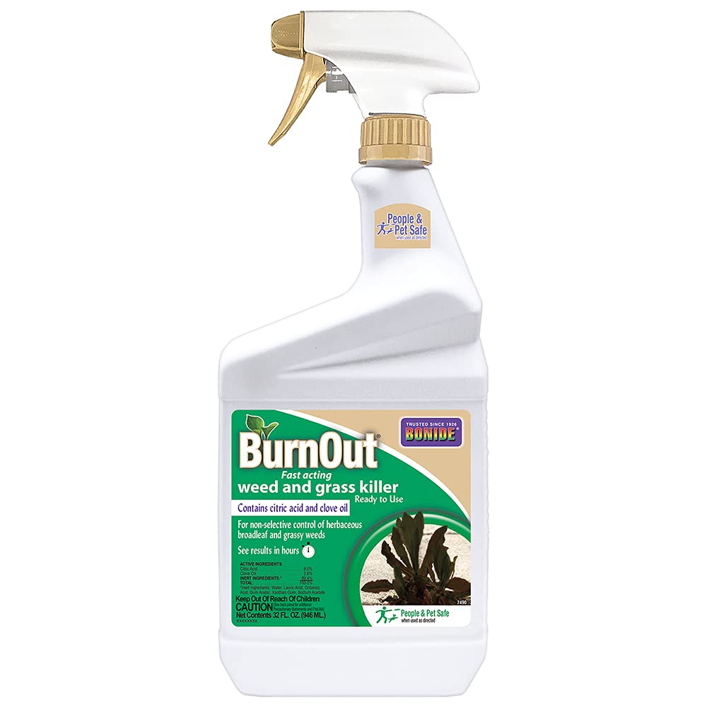 Bonide BurnOut bottle pour showing ready-to-use weed killer for driveways and edges.