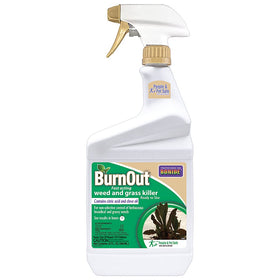 Bonide BurnOut bottle pour showing ready-to-use weed killer for driveways and edges.