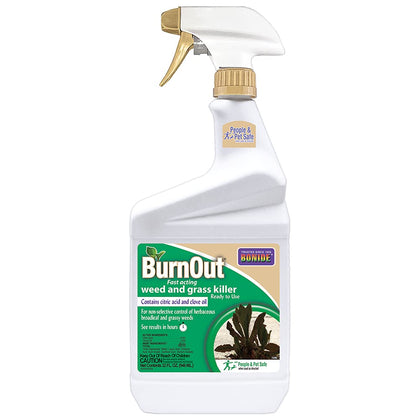 Bonide BurnOut bottle pour showing ready-to-use weed killer for driveways and edges.