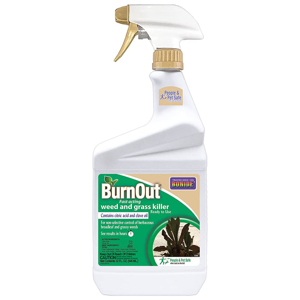 Bonide BurnOut bottle pour showing ready-to-use weed killer for driveways and edges.